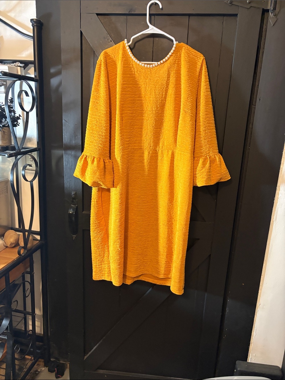 NY Collection Mustard Textured Shift Dress with Pearl Trim